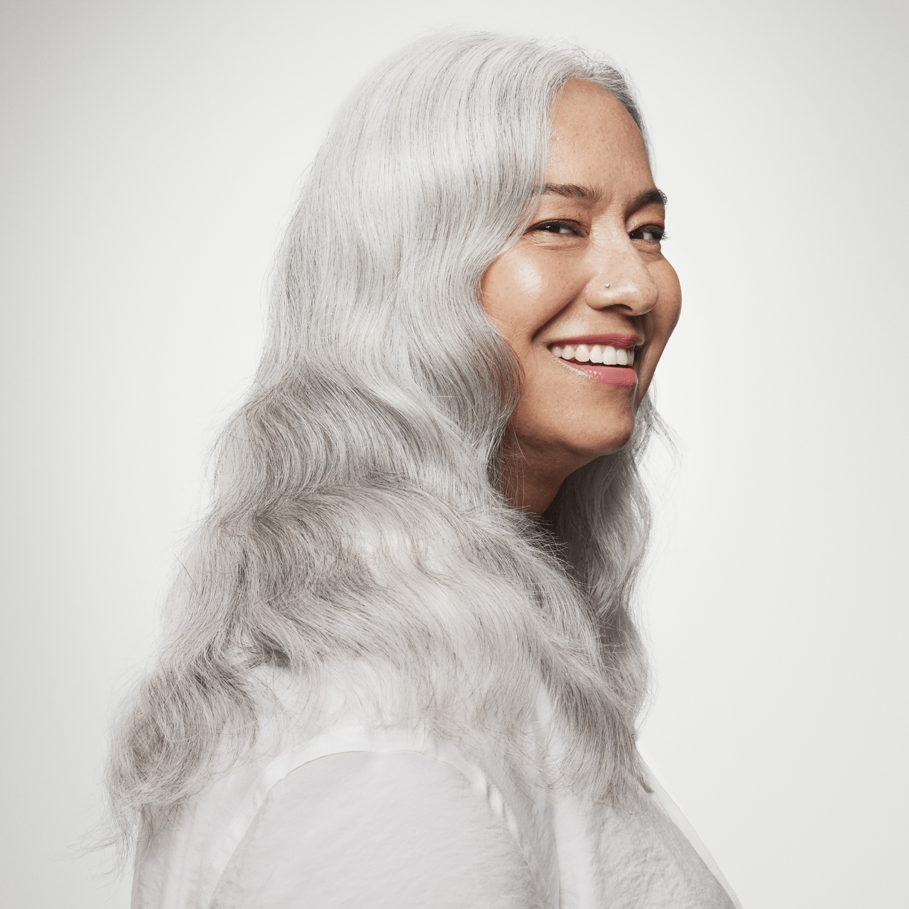 Woman with long gray hair