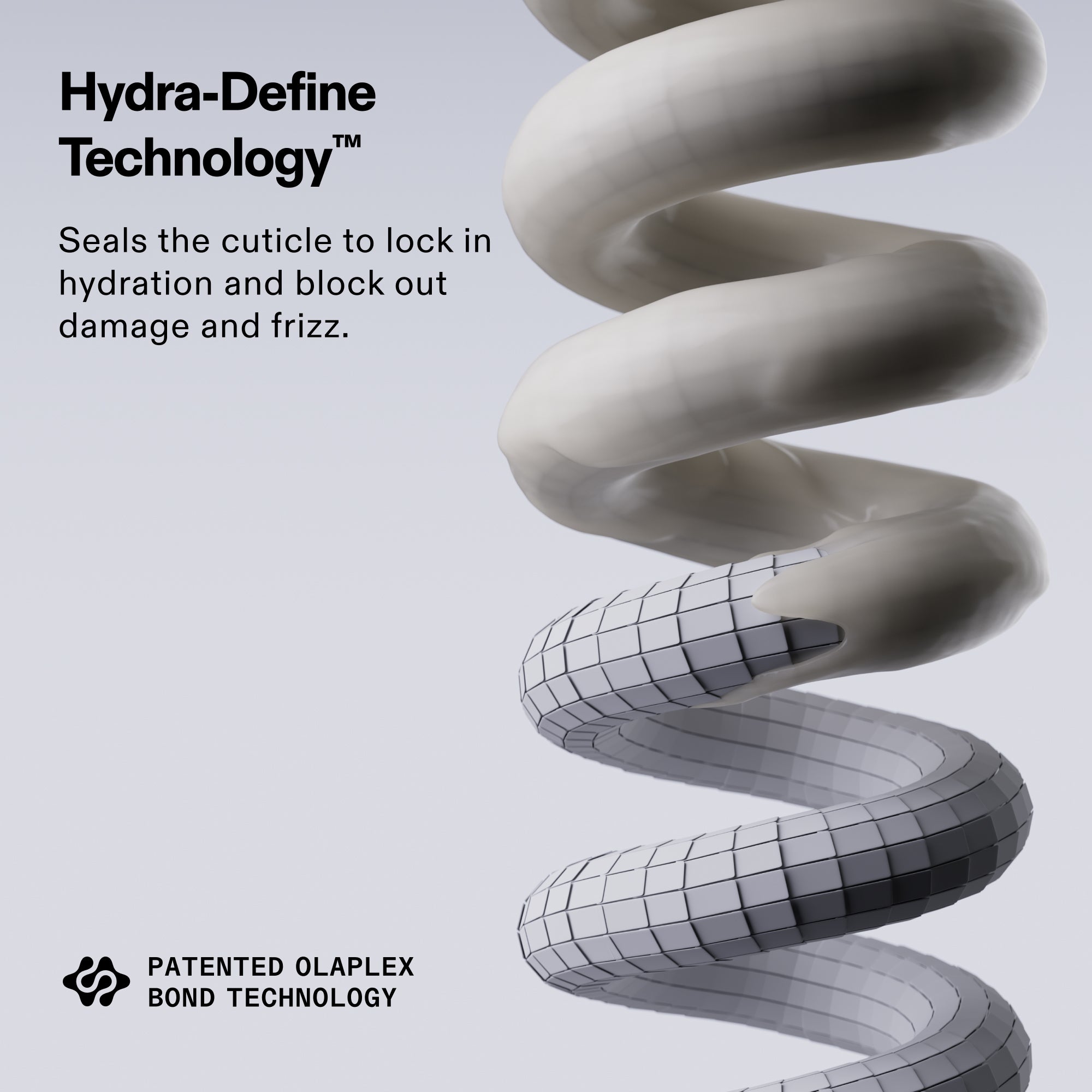Graphic for Hydra-Define Technology. Text reads: Seals the cuticle to lock in hydration and block out damage and frizz. The image features a 3D illustration of a coiled hair strand with a protective tiled texture representing a sealed cuticle. Includes the Patented OLAPLEX Bond Technology logo.