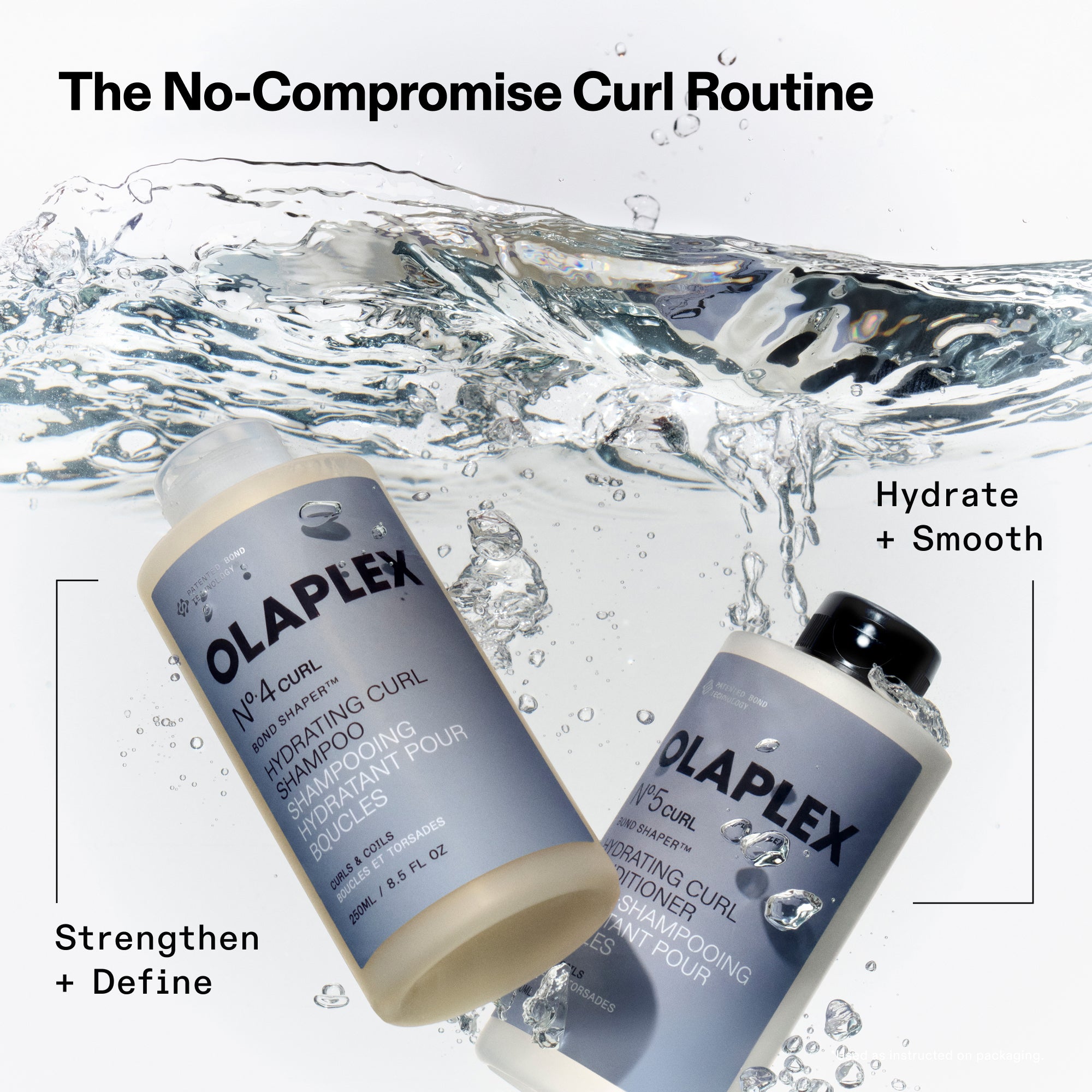 OLAPLEX Nº.4CURL Shampoo and Nº.5CURL Conditioner in a water splash. Text highlights the routine as the No-Compromise Curl Routine for strengthening, defining, hydrating, and smoothing curls.