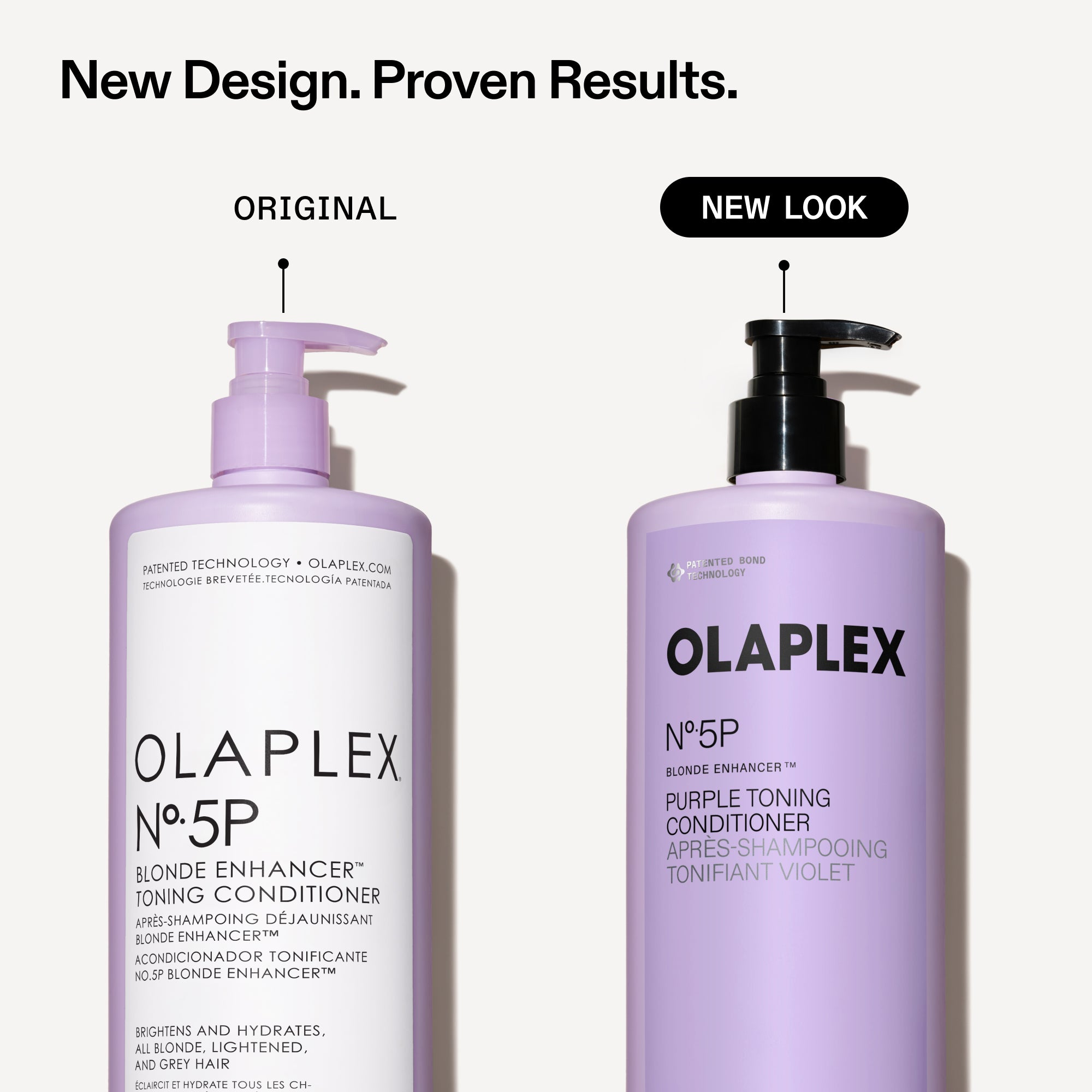 An Olaplex infographic titled "New Design. Proven Results." comparing two one-liter purple toning conditioner bottles against a white background. On the left, a bottle labeled "ORIGINAL" shows the classic white Olaplex No. 5P packaging. On the right, a bottle labeled "NEW LOOK" showcases the updated all-purple packaging design for No. 5P Blonde Enhancer Purple Toning Conditioner.