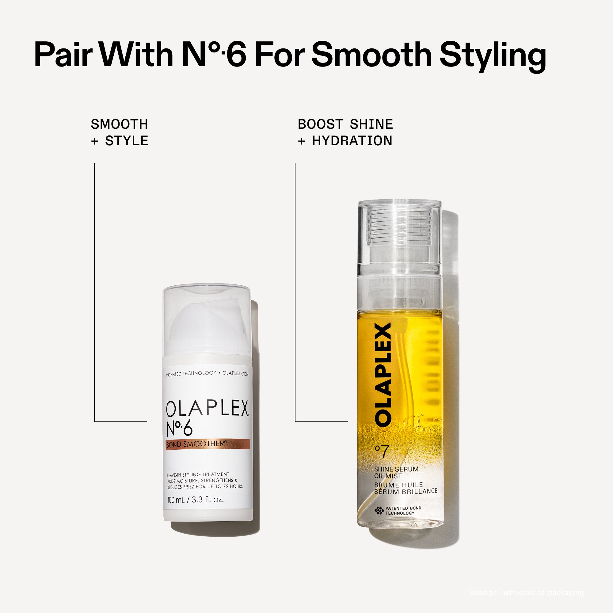 Gráfico de combinación de productos con el encabezado “Combina con Nº.6 para un peinado suave”. Presenta dos botellas una al lado de la otra sobre un fondo gris claro: Olaplex Nº.6 Bond Smoother (etiquetado “ALISA + PEINA”) y Olaplex Nº.7 Shine Serum Oil Mist (etiquetado “AUMENTA EL BRILLO + LA HIDRATACIÓN”). Líneas negras finas apuntan desde las etiquetas hacia cada botella correspondiente.