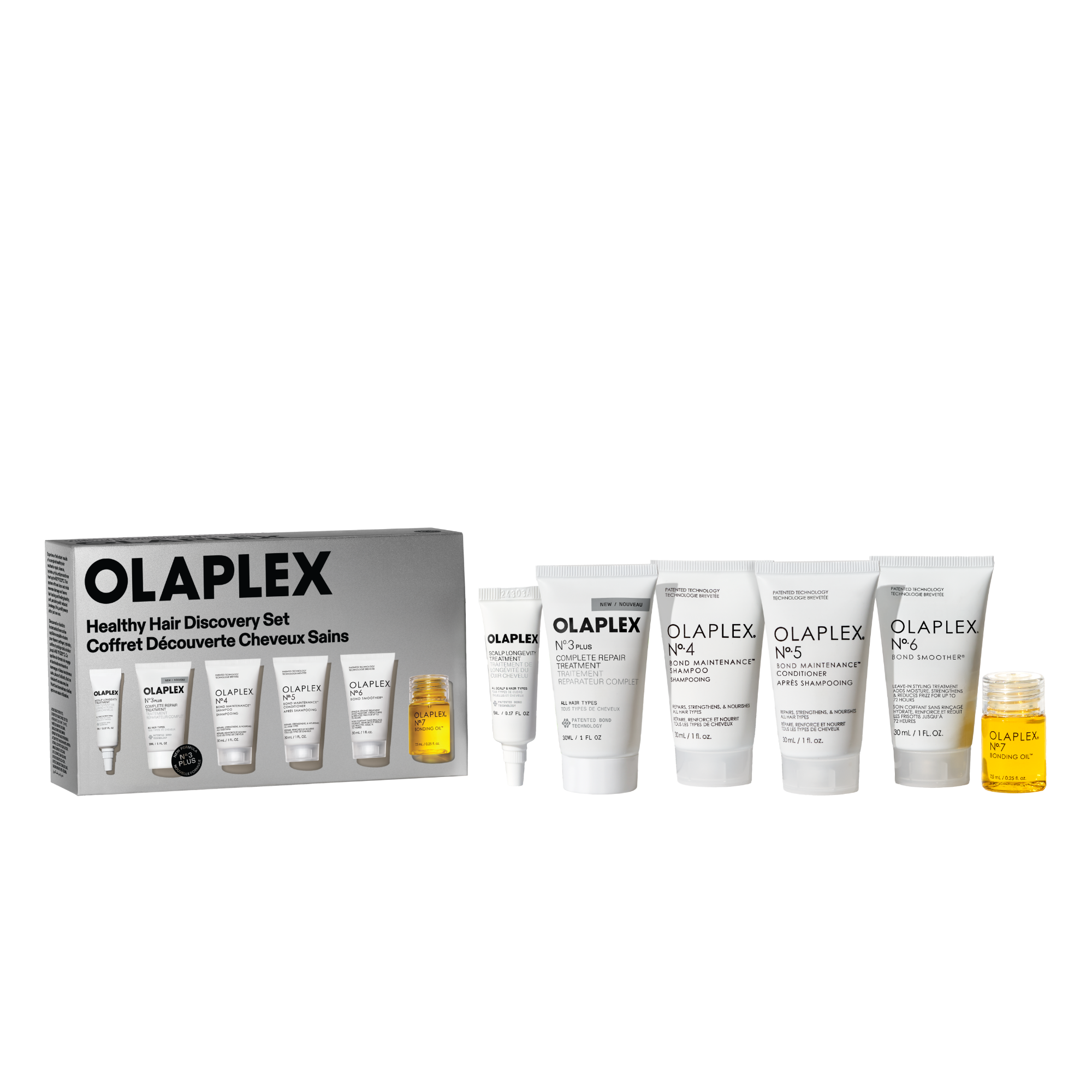 A retail packshot of the Olaplex Healthy Hair Discovery Set against a transparent checkerboard background. On the left is the product box, and arranged to the right are five white travel-size tubes (No. 3, No. 4, No. 5, No. 6, and a smaller tube) alongside a small clear bottle of No. 7 Bonding Oil filled with yellow liquid.