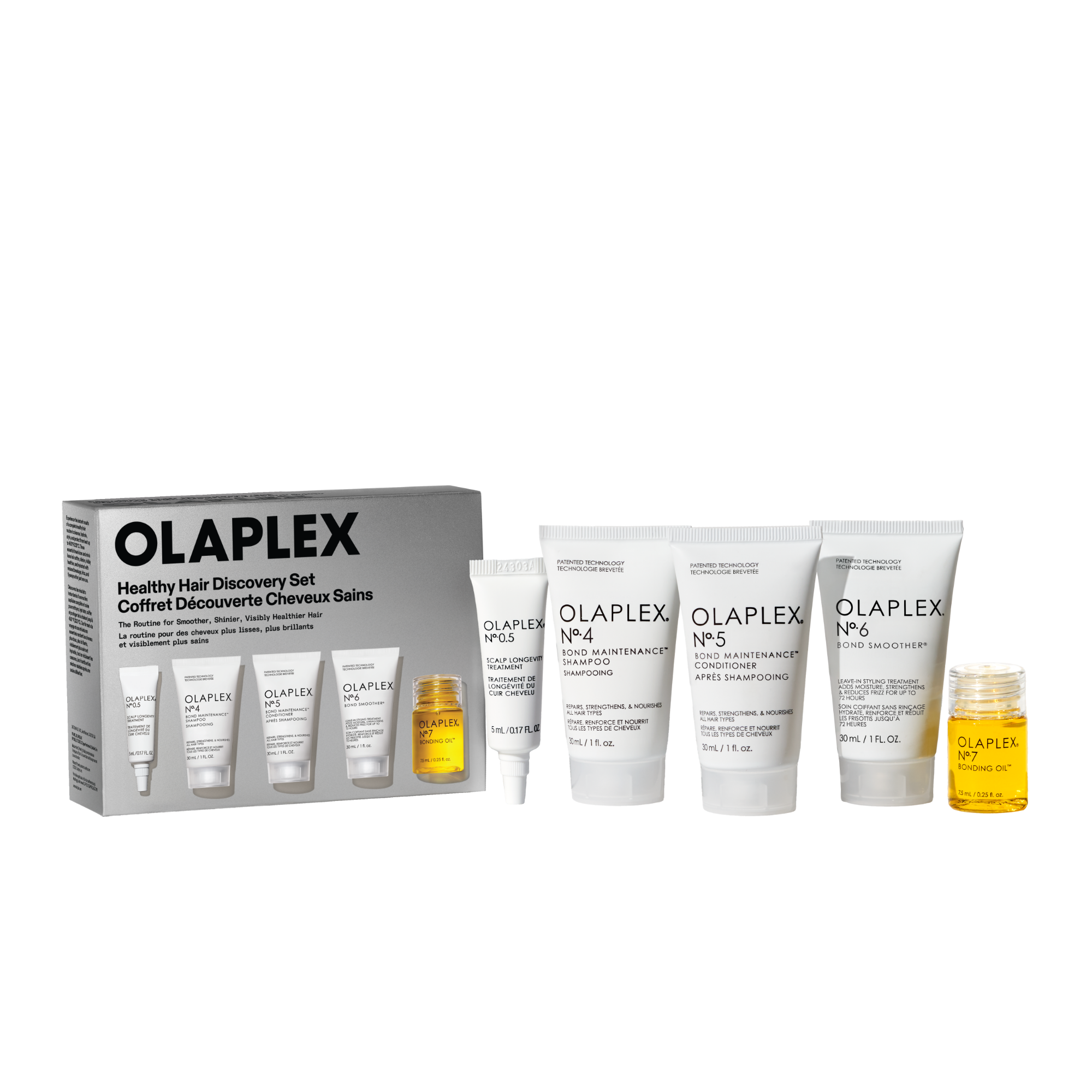 Healthy Hair Discovery Seti

Nº.0.5 SCALP LONGEVITY TREATMENT: 5 ml/0,17 fl oz

Nº.4 BOND MAINTENANCE® SHAMPOO: 30 ml/1 fl oz

Nº.5 BOND MAINTENANCE® CONDITIONER: 30 mL/1 fl oz

Nº.6 BOND SMOOTHER®: 30 mL / 1 FL. OZ.

Nº.7 BONDING OIL™