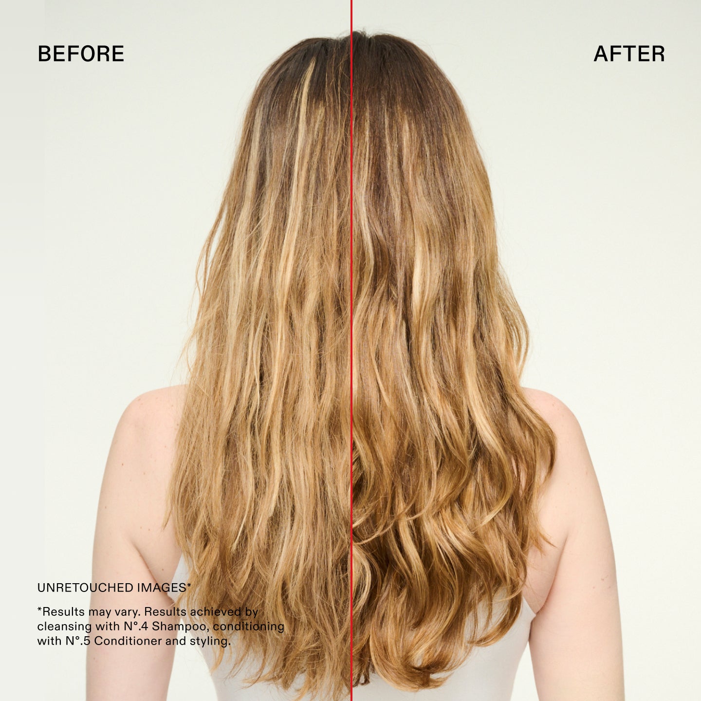 Comparación del antes y el después del Nº.4 Bond Maintenance Strengthening Shampoo