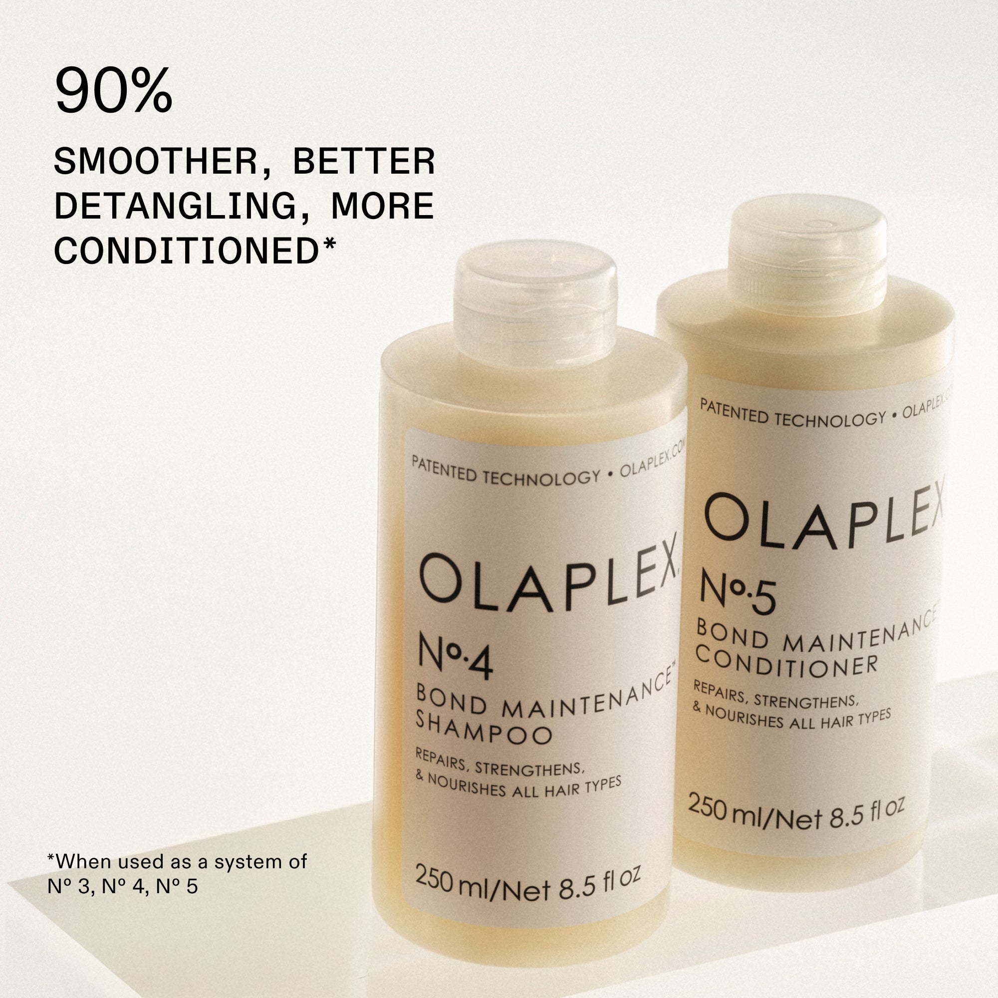 Un 90 % más suave, mejor desenredado y más acondicionado*

OLAPLEX Nº.4 BOND MAINTENANCE® SHAMPOO junto a OLAPLEX Nº.5 BOND MAINTENANCE® Conditioner