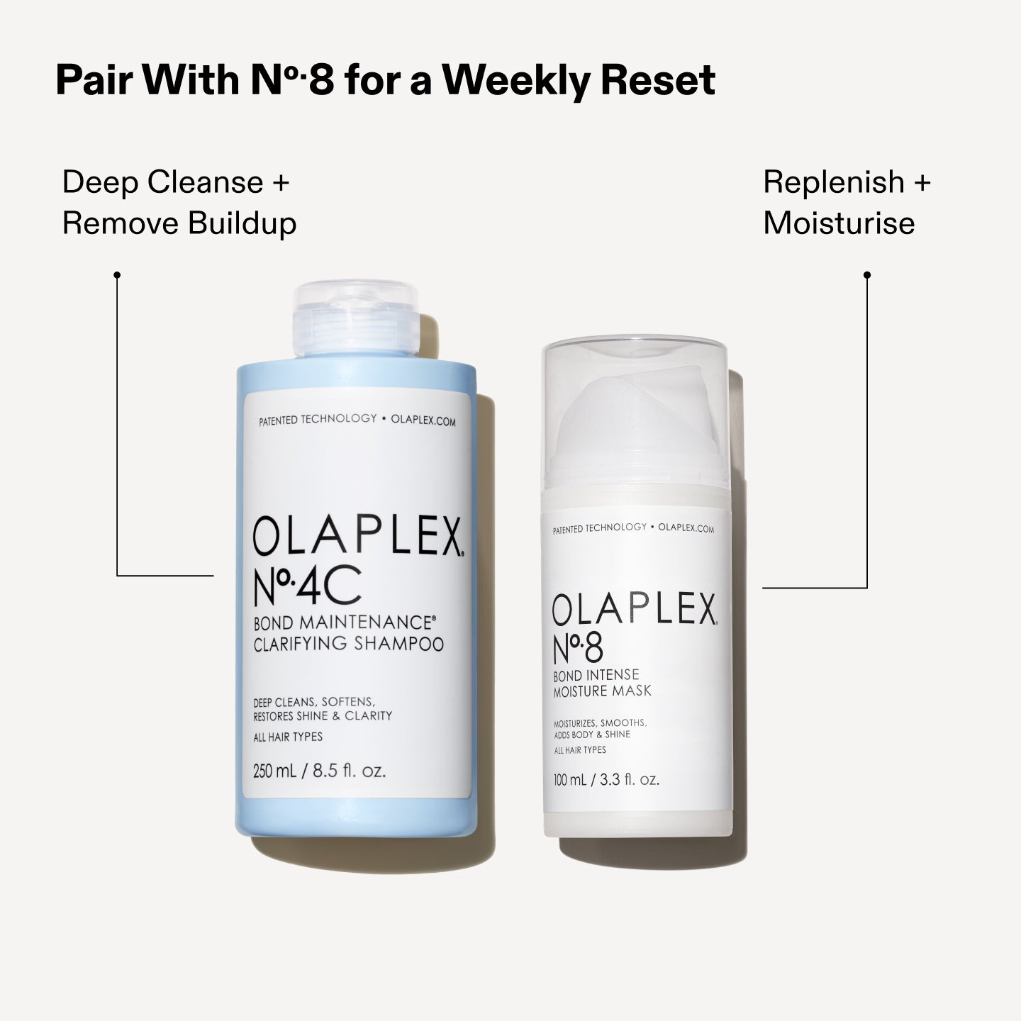 Combínalo con el Nº.8 para un reinicio semanal

Limpia profundamente elimina la acumulación (sobre el envase del champú clarificante OLAPLEX Nº.4C BOND MAINTENANCE®)

Rellena + Hidrata (sobre el envase de OLAPLEX Nº.8 Bond Intense Moisture Mask)