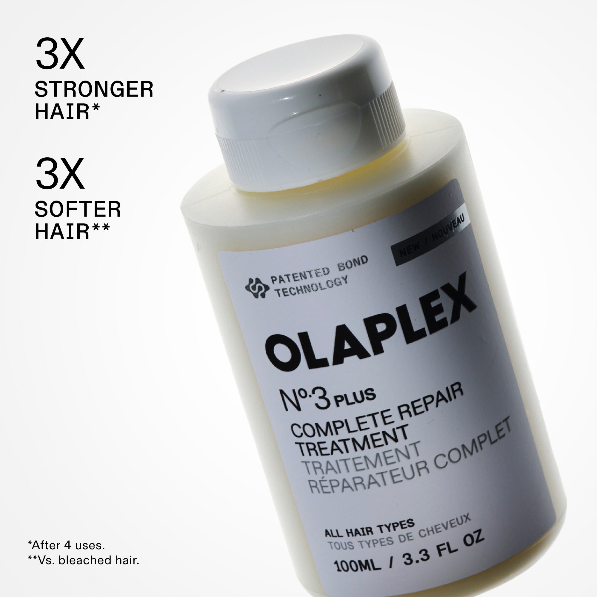 An Olaplex product feature layout on a clean white background. To the left, large bold black text reads "3X STRONGER HAIR*" and "3X SOFTER HAIR**", with small footnotes in the bottom left corner. A white bottle of "OLAPLEX N°.3 PLUS COMPLETE REPAIR TREATMENT (100ML / 3.3 FL OZ)" is positioned at a dynamic angle on the right side of the frame.