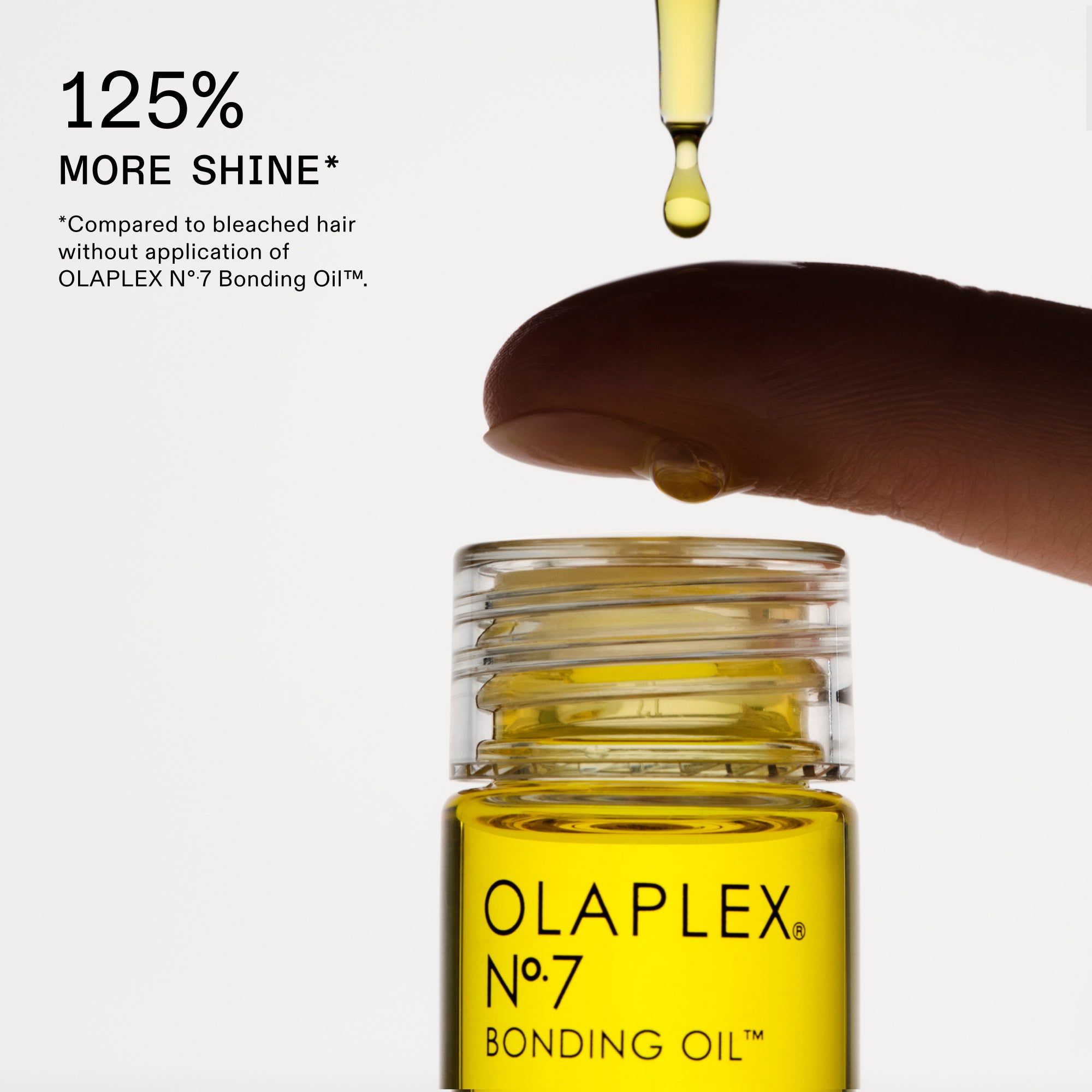 An Olaplex product feature layout on a clean white background. To the left, large bold black text reads "125% MORE SHINE*", with a smaller footnote below. On the right, a close-up shows a droplet of yellow oil falling from a clear dropper onto a fingertip. Positioned directly underneath is a clear glass bottle of "OLAPLEX N°.7 BONDING OIL™" filled with vibrant yellow liquid.