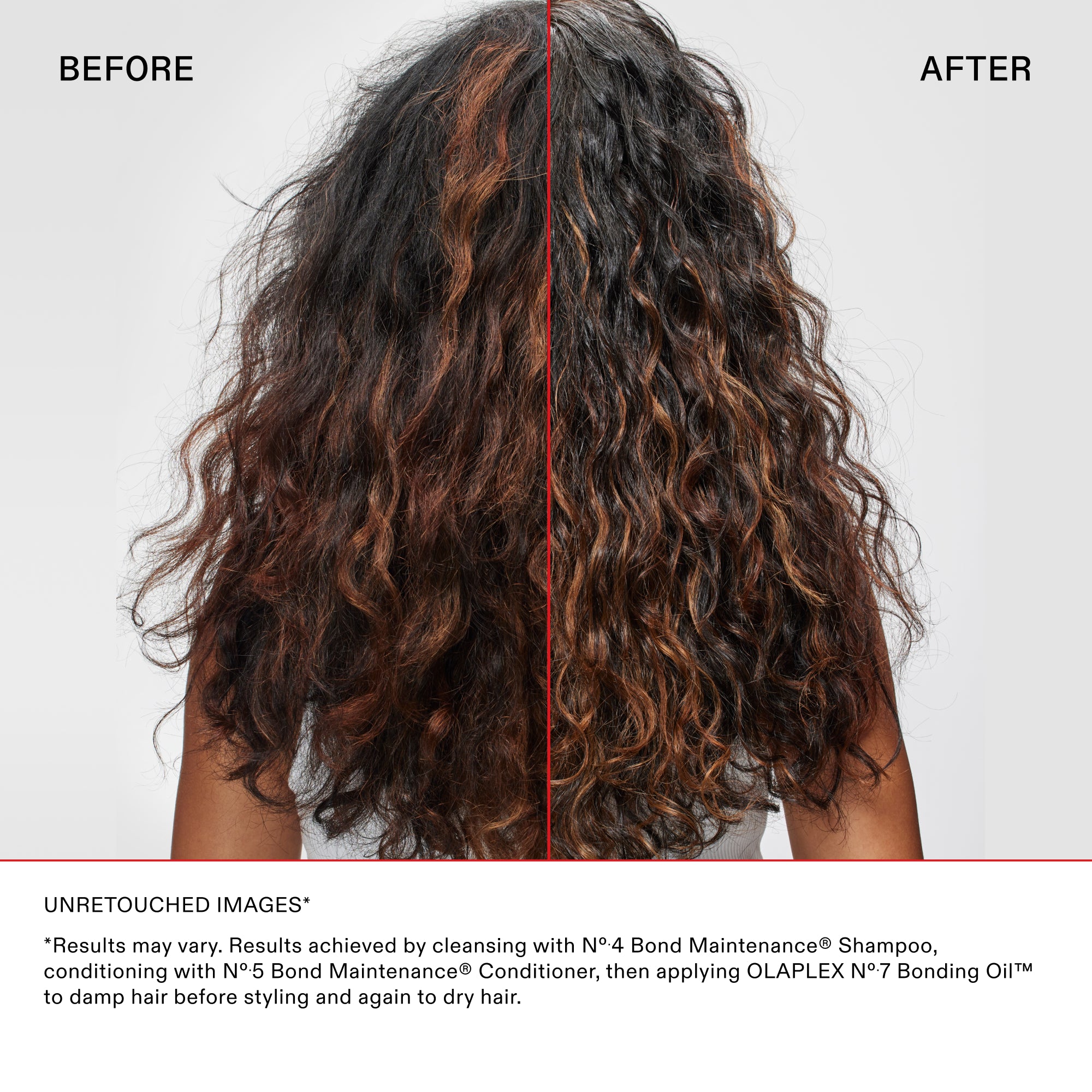 A split-screen before-and-after comparison of a person's long, wavy brown hair with blonde highlights, viewed from behind. A vertical red line divides the image down the center, separating the frizzy, less-defined texture on the "BEFORE" left side from the smoother, highly defined, and shinier curls on the "AFTER" right side. Bold text at the bottom includes a disclaimer starting with "UNRETOUCHED IMAGES*".