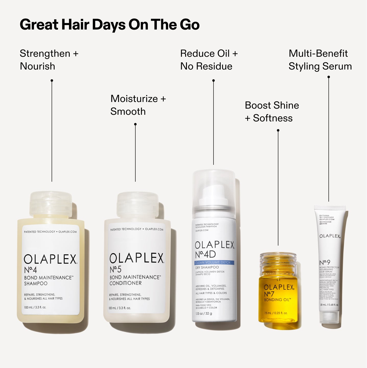 Great Hair Days On The Go

No.4: Strengthen + Nourish
No.5: Moisturize + Smooth
No.4D: Reduce Oil + No Residue
No.7: Boost Shine + Softness
No.9: Multi-Benefit Styling Serum