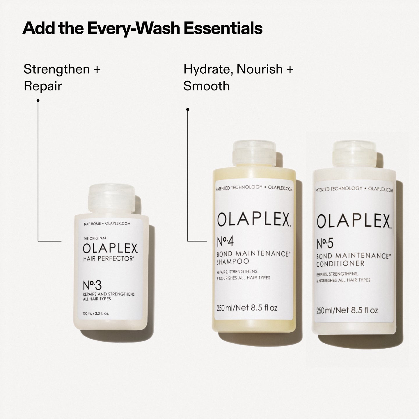 Add The Every-Wash Essentials
N°.3 - Strengthen + Repair
N°.4/N°.5 - Hydrate, Nourish + Smooth