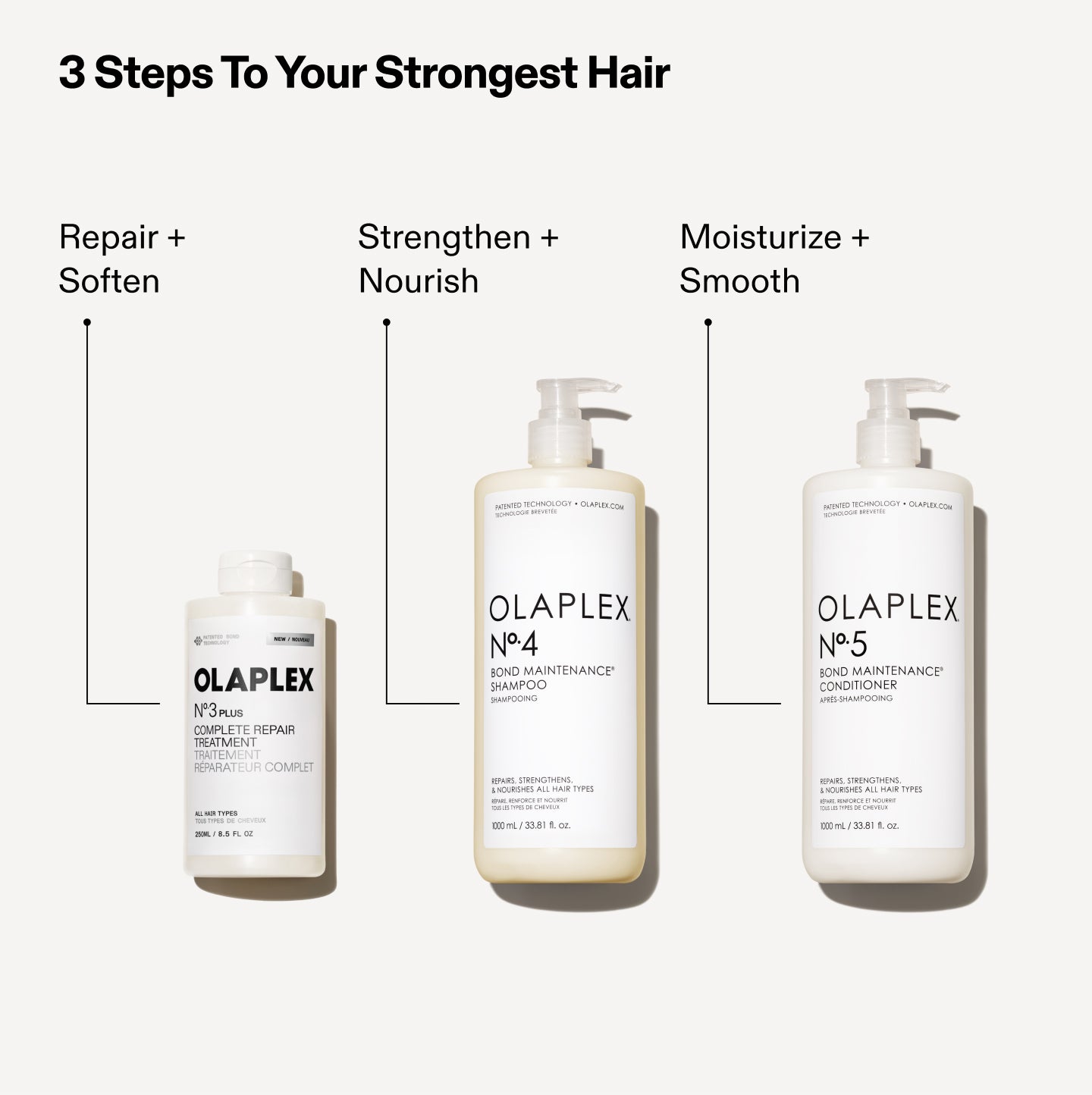 3 Steps To Your Strongest Hair

No.3PLUS: Repair + Soften
No.4 - Cleanse + Protect
No.5 - Hydrate + Condition